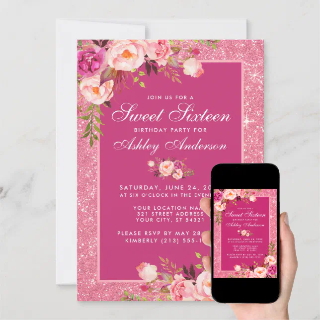 Hot Pink Sweet Birthday Floral Glitter Invitation Zazzle