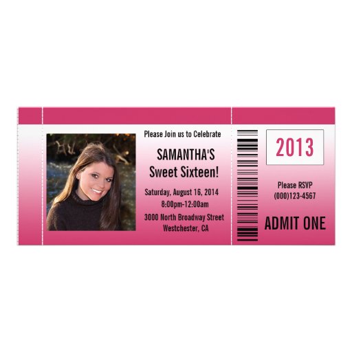 Hot Pink Sweet Sixteen Photo Ticket Invitation