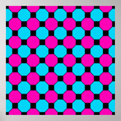 Hot Pink Teal Blue Black Squares Hexagons Pattern Poster