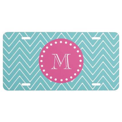 Hot Pink, Teal Blue Chevron | Your Monogram License Plate