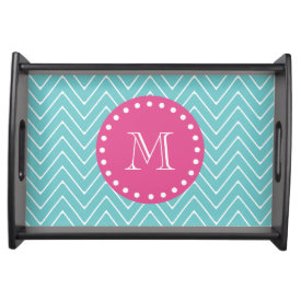 Hot Pink, Teal Blue Chevron | Your Monogram Food Tray