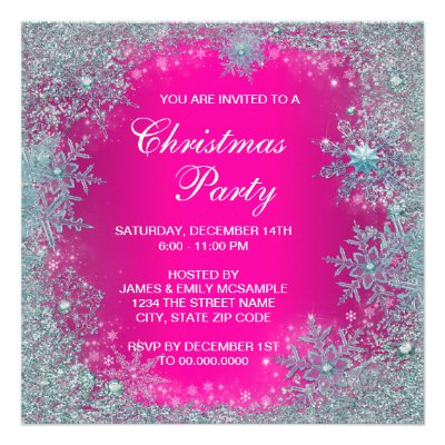 Hot Pink Teal Blue Snowflake Christmas Party Custom Announcements