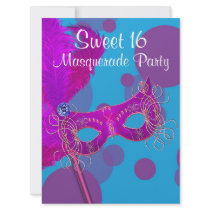 Hot Pink Teal Blue Sweet 16 Masquerade Party Invitation