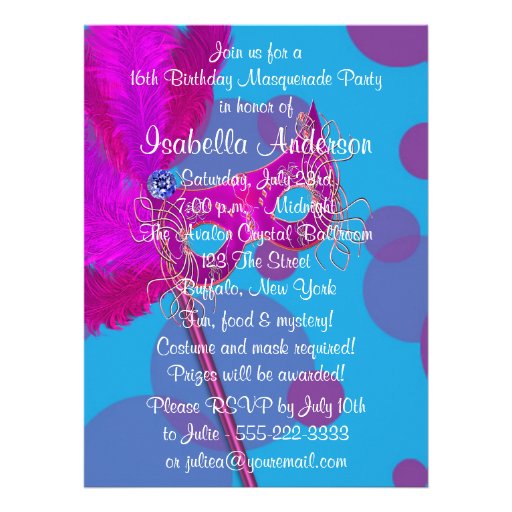 Hot Pink Teal Blue Sweet 16 Masquerade Party Invitation