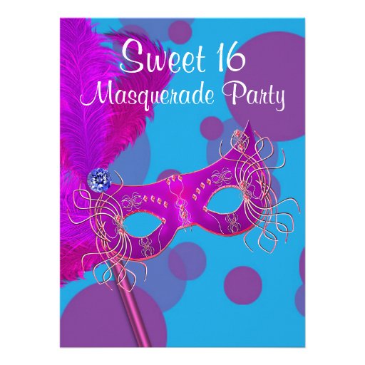 Hot Pink Teal Blue Sweet 16 Masquerade Party Invitation (front side)