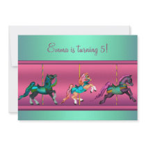 Hot Pink Teal Carousel Pony Girl Birthday Party Custom Invitations