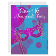 Hot Pink Teal Feather Mask Sweet 16 Masquerade invitation