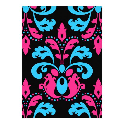 Hot pink, turquoise, black damask birthday party invite