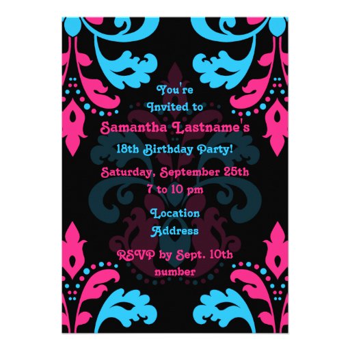 Hot pink, turquoise, black damask birthday party invite