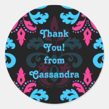Hot pink, turquoise, black damask Thank you Round Stickers