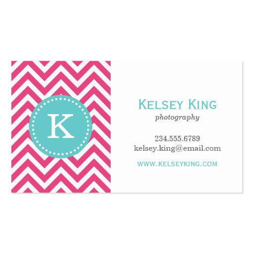 Hot Pink & Turquoise Chevron Custom Monogram Business Cards (front side)