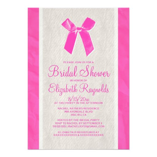Hot Pink Vintage Bow Linen Bridal Shower Invites