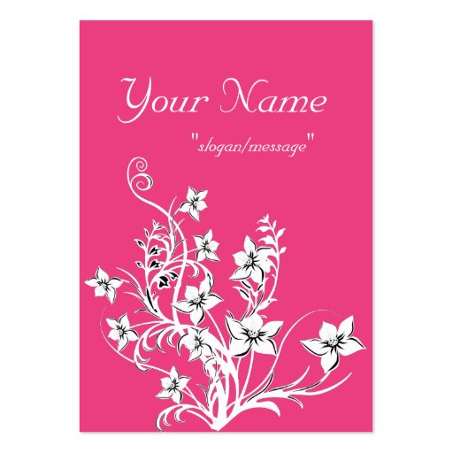 Hot Pink w/White & Black Floral Design Large Cards Business Card Templates (front side)