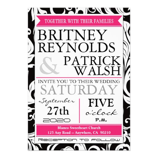 Hot Pink White & Black Damask Wedding Invitations