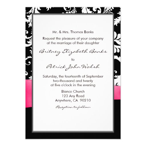 Hot Pink White & Black Damask Wedding Invitations