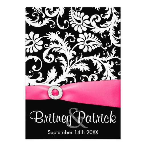Hot Pink White & Black Damask Wedding Invitations