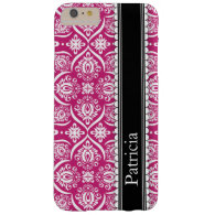 Hot Pink White Damask Pattern Personalized Name Barely There iPhone 6 Plus Case