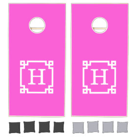 Hot Pink White Greek Key Frame #2 Initial Monogram Cornhole Sets