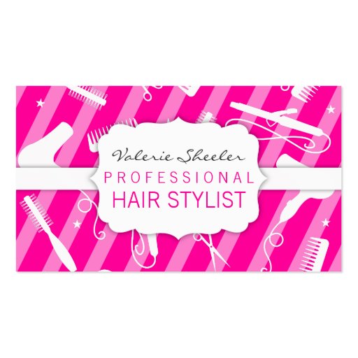 Hot Pink & White Hair Salon Tools Business Card Templates (front side)