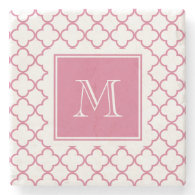 Hot Pink White Quatrefoil | Your Monogram Stone Coaster
