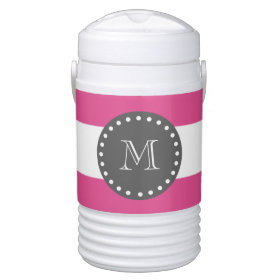 Hot Pink White Stripes Pattern, Charcoal Monogram Igloo Beverage Cooler