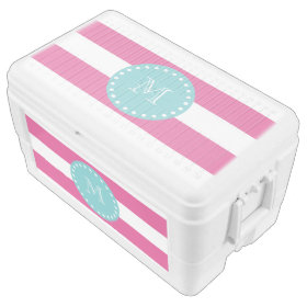 Hot Pink White Stripes Pattern, Teal Monogram Igloo Chest Cooler