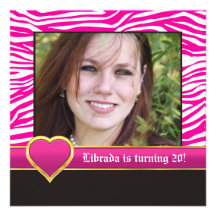 Hot pink, white zebra & heart 20th birthday photo personalized invite
