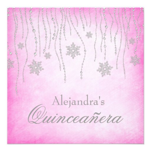 Hot Pink Winter Wonderland Snowflakes Quinceanera Announcements