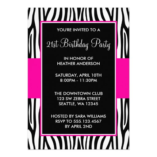 Hot Pink Zebra 21st Birthday Party Personalized Invite (front side)