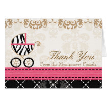 Hot Pink Zebra Baby Carriage Shower Thank You cards