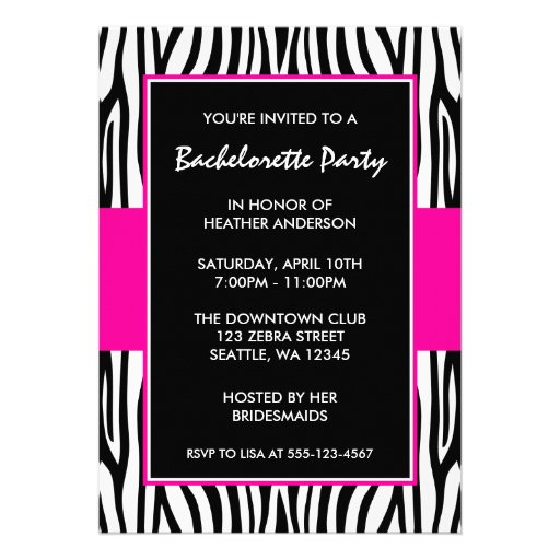 Hot Pink Zebra Bachelorette Party Invitations