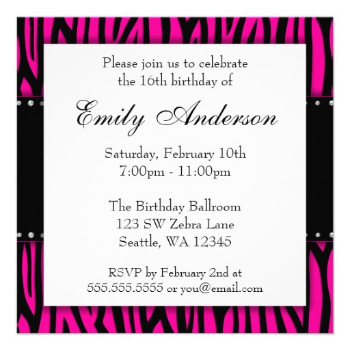 Hot Pink Zebra Diamonds Sweet 16 Birthday Custom Announcement