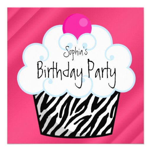 Hot Pink Zebra Girls Cupcake Birthday Party Invitation