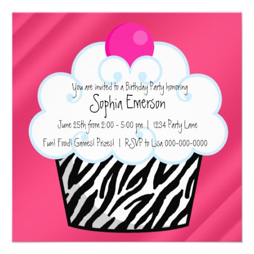 Hot Pink Zebra Girls Cupcake Birthday Party Invitation