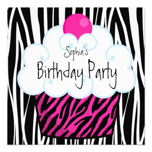 Hot Pink Zebra Girls Cupcake Birthday Party Announcements
