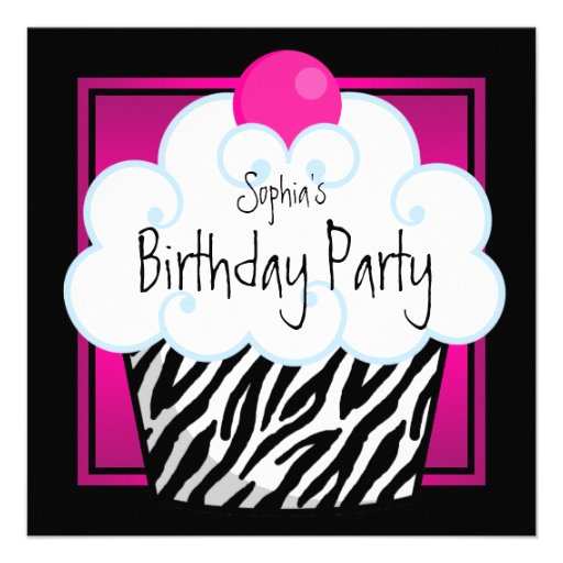 Hot Pink Zebra Girls Cupcake Birthday Party Custom Announcements