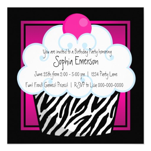 Hot Pink Zebra Girls Cupcake Birthday Party Custom Announcements