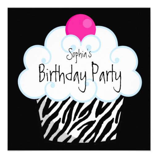Hot Pink Zebra Girls Cupcake Birthday Party Personalized Announcement