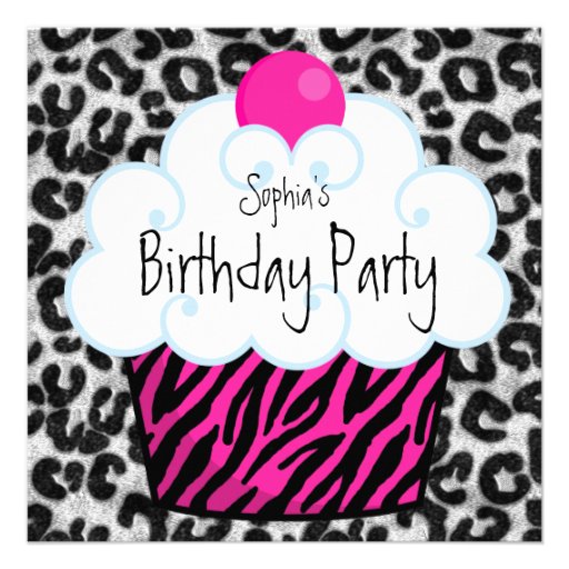 Hot Pink Zebra Girls Cupcake Birthday Party Custom Invitations