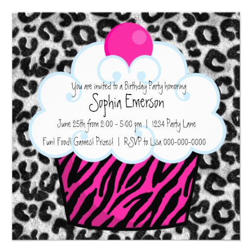 Hot Pink Zebra Girls Cupcake Birthday Party Custom Invitations