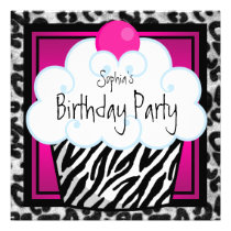 Hot Pink Zebra Girls Cupcake Birthday Party invitations