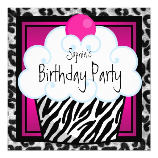 Hot Pink Zebra Girls Cupcake Birthday Party Announcement