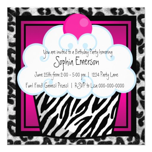 Hot Pink Zebra Girls Cupcake Birthday Party Announcement