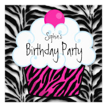Hot Pink Zebra Girls Cupcake Birthday Party Custom Announcement