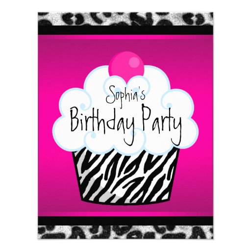 Hot Pink Zebra Girls Cupcake Birthday Party Invite