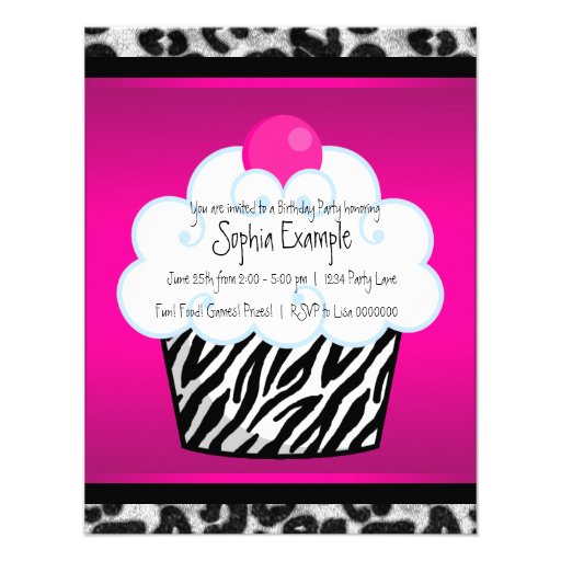 Hot Pink Zebra Girls Cupcake Birthday Party Invite