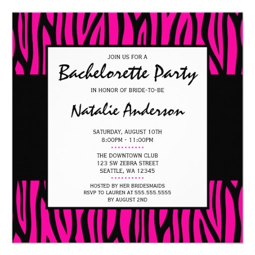 Hot Pink Zebra Modern Bachelorette Party Personalized Announcement (front side)