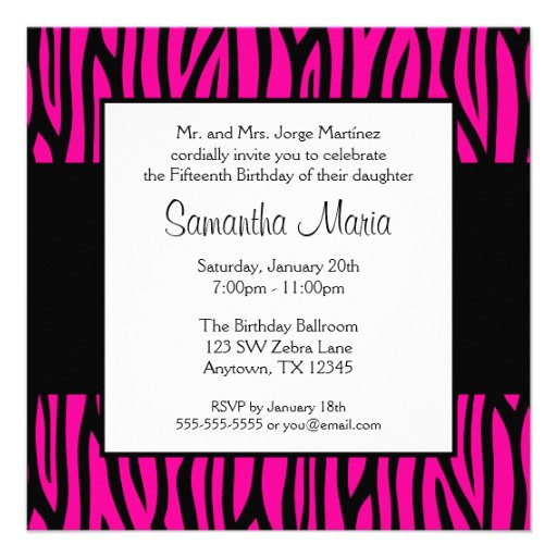 Hot Pink Zebra Modern Quinceanera Invitations
