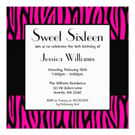 Hot Pink Zebra Modern Sweet 16 Birthday Party Custom Invitations