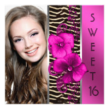 Hot Pink Zebra Photo Sweet 16 Birthday Party Custom Announcements